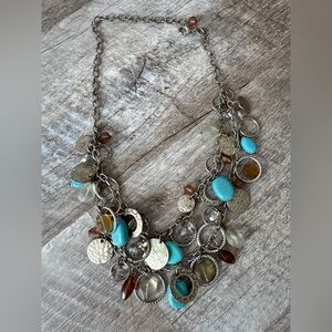 Silver tone double string necklace, turquoise color stones and others